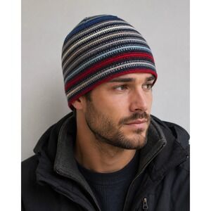 French Connection 100% Wool Striped Beanie Hat Made in‎ UK Blue Red Gray Unisex